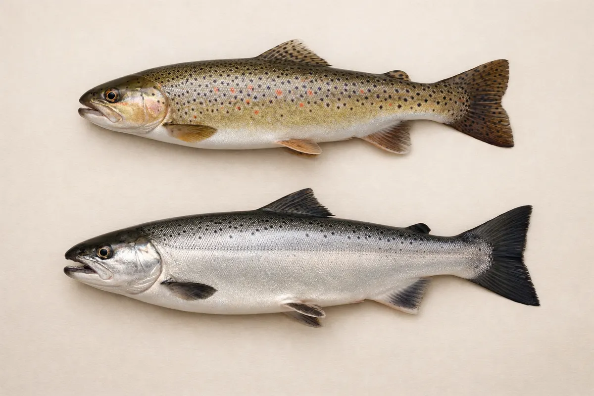 Editorial checklist image for trout vs salmon showing visible clues and comparison notes.